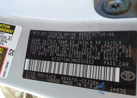 2022 Toyota Camry Se из США, поврежденный, VIN 4T1G11AK3NU035922